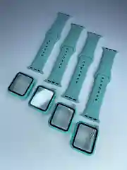 Бирюзовый силиконовый ремешок + защитная накладка со стеклом на корпус Apple Watch 38 mm