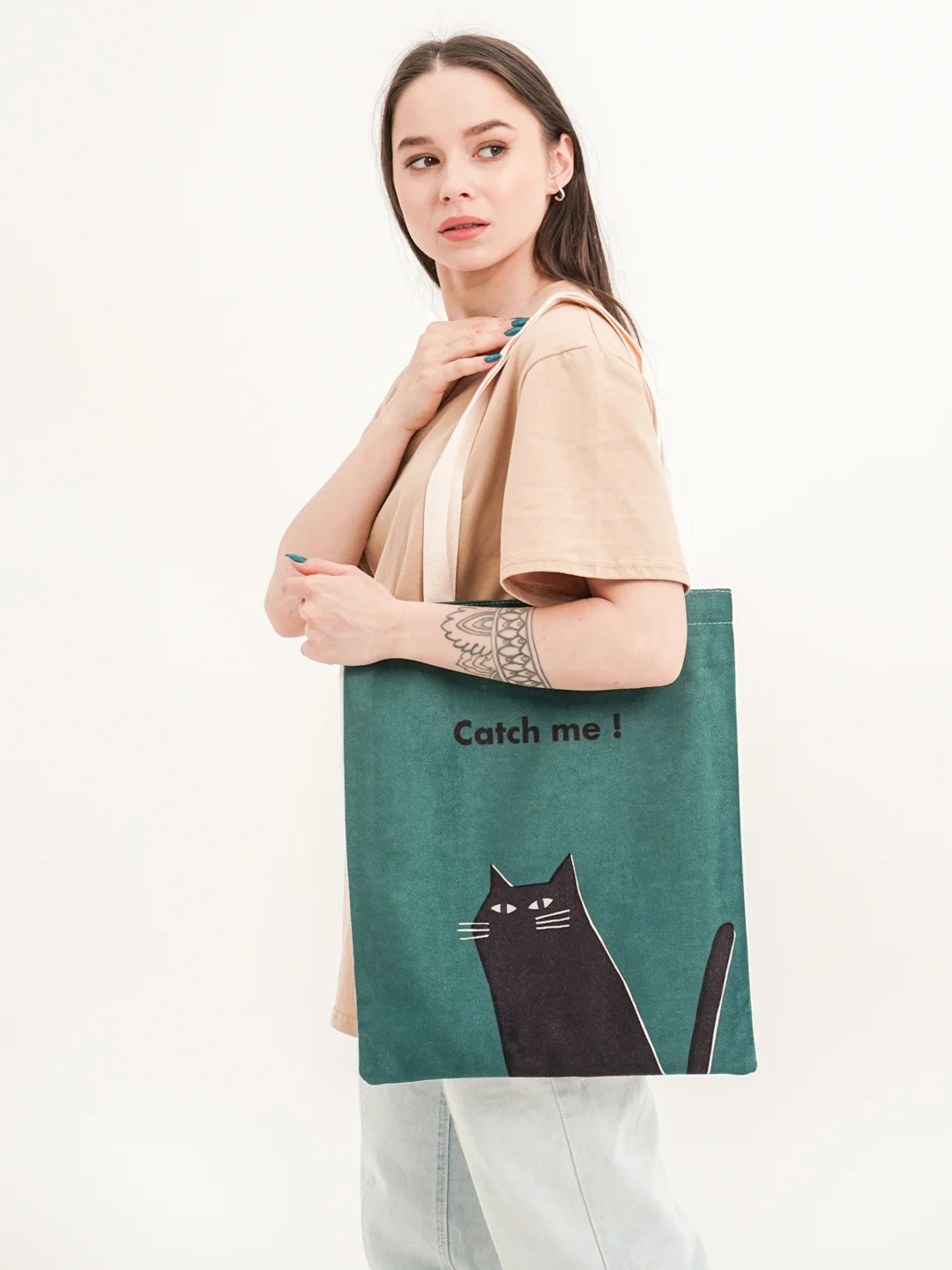 Сумка шоппер с принтом "Catch me"/"Черный кот"