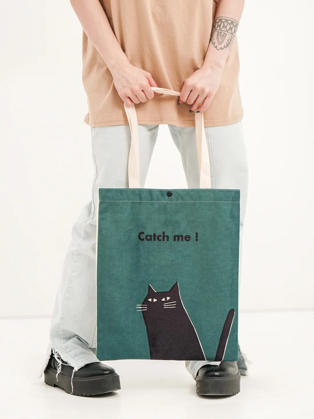 Сумка шоппер с принтом "Catch me"/"Черный кот"