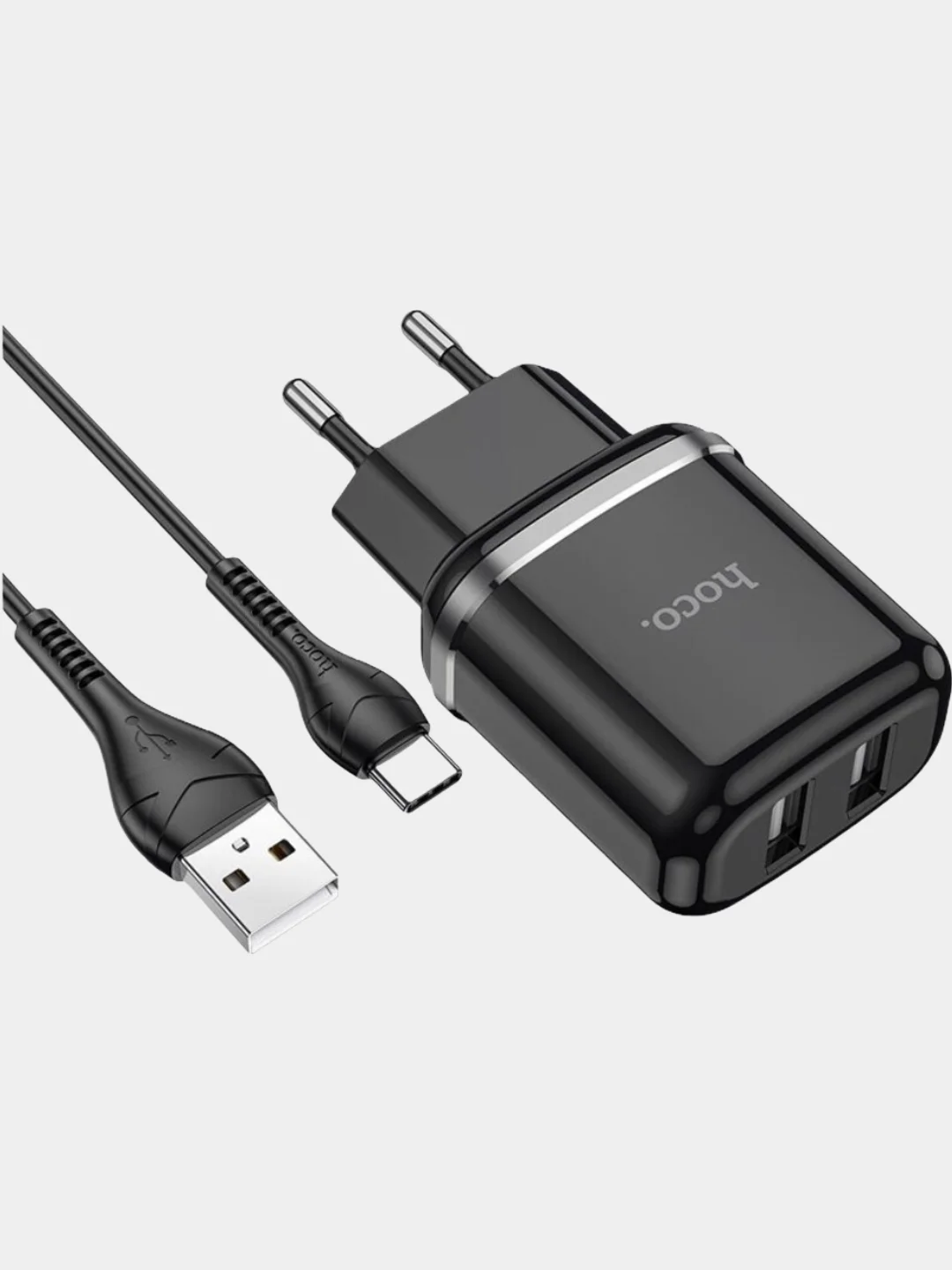 Черный сетевое зарядное устройство Hoco N4 на 2 USB, 2.4A + кабель Type-C