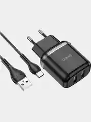Черный сетевое зарядное устройство Hoco N4 на 2 USB, 2.4A + кабель Type-C
