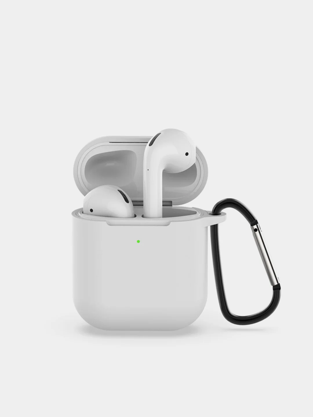 Белый чехол для наушников Airpods 2 c карабином силиконовый