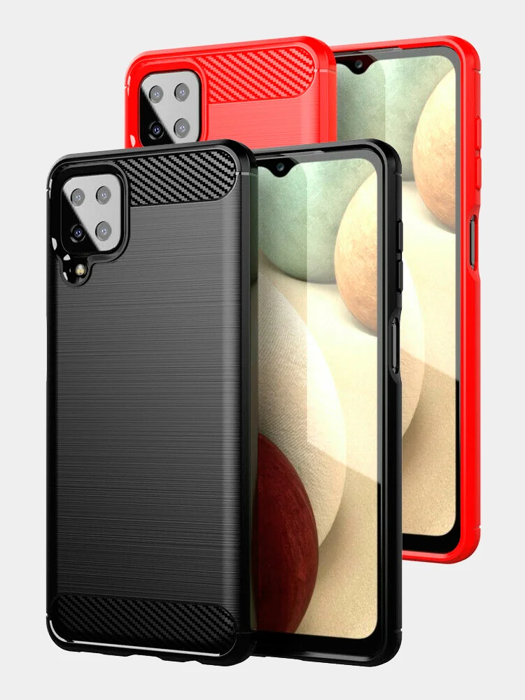 Красный чехол Samsung A12 / M12 имитация под карбон и металл