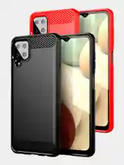Красный чехол Samsung A12 / M12 имитация под карбон и металл