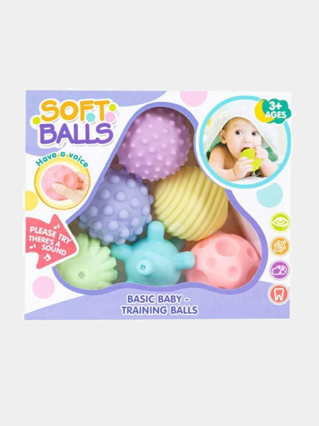 Развивающие тактильные, массажные мячики для малышей Soft Balls, 6 штук