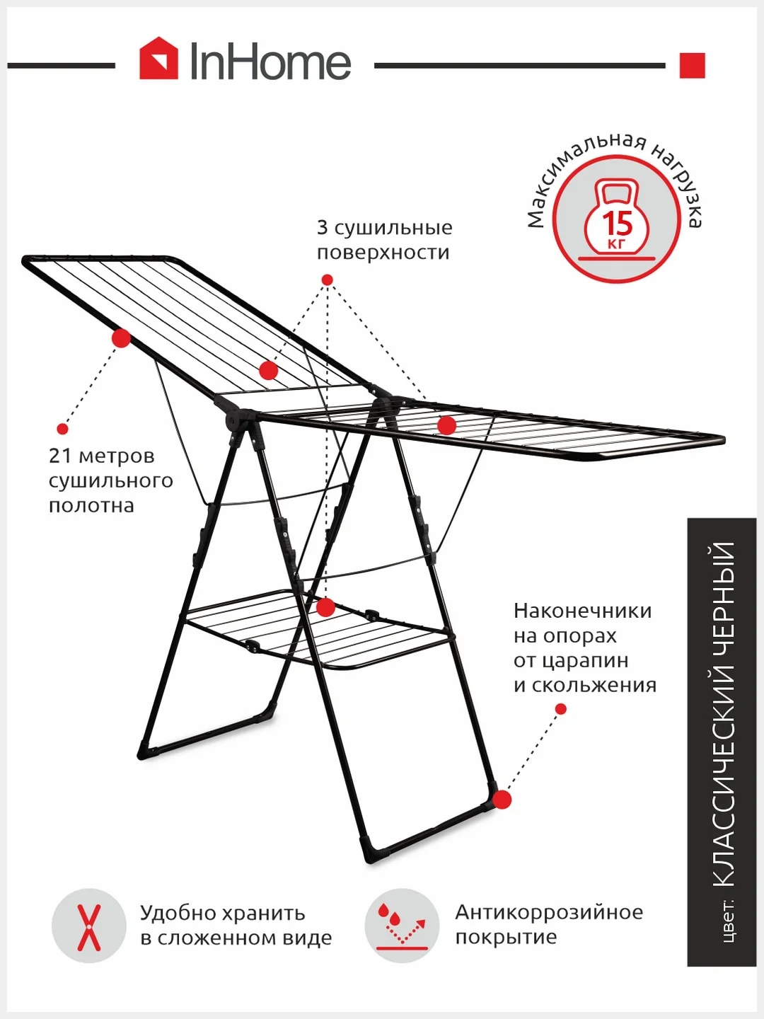 Сушилка для белья напольная раскладная, 3 сушильные зоны INCD3/1 InHome