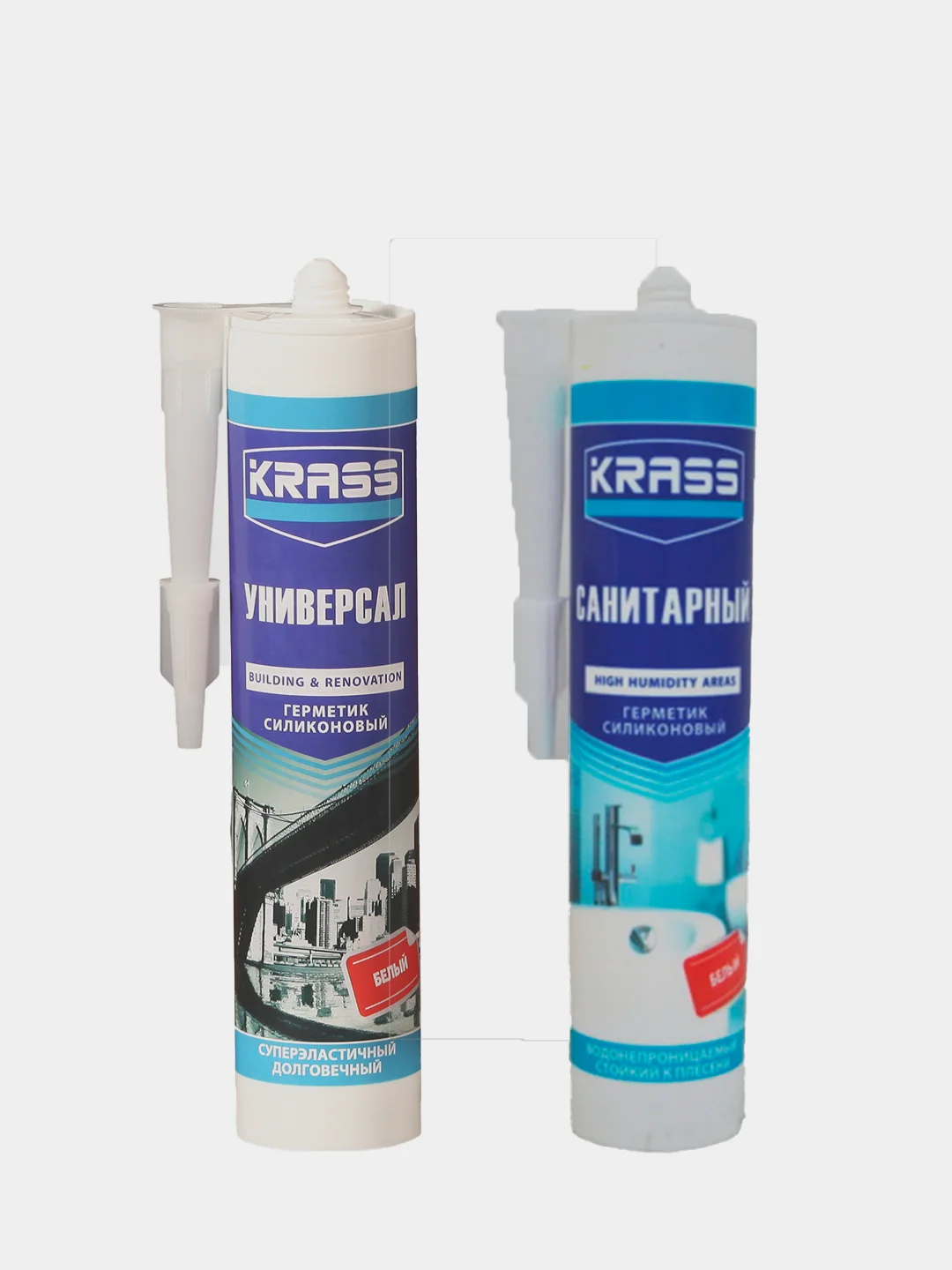 Белый герметик силиконовый KRASS, 300мл, универсальный / санитарный, белый / бесцветный