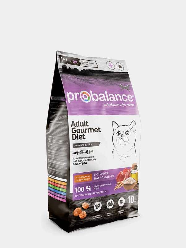 Корм сухой для кошек ProBalance "Gourmet Diet", с говядиной и кроликом, 10 кг
