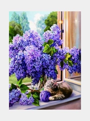 Алмазная мозаика "Котенок и сирень" 40*50 см на подрамнике