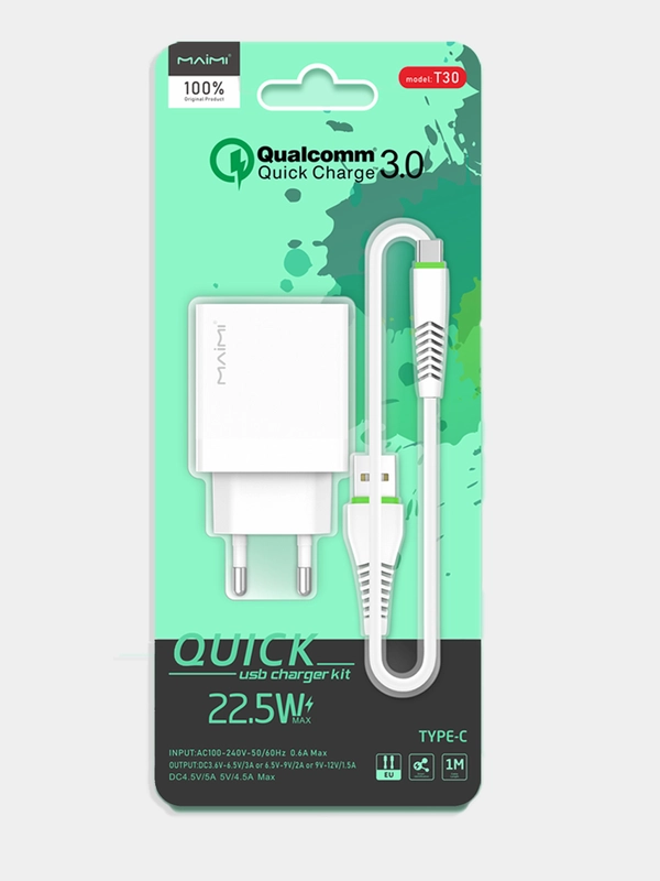 Зарядное устройство Maimi T30 Quick Charge 3.0 1xUSB 22.5W White Блок+USB Type-C
