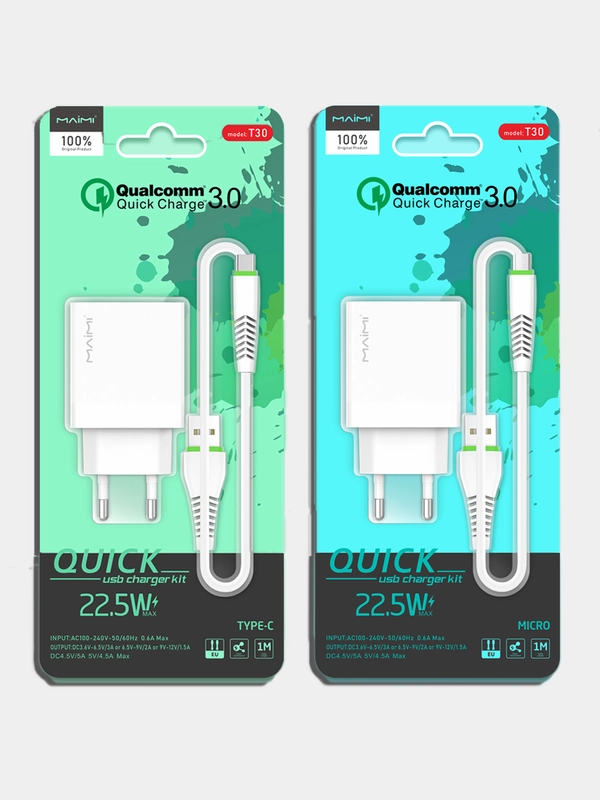 Зарядное устройство Maimi T30 Quick Charge 3.0 1xUSB 22.5W White Блок+USB Type-C/USB Micro