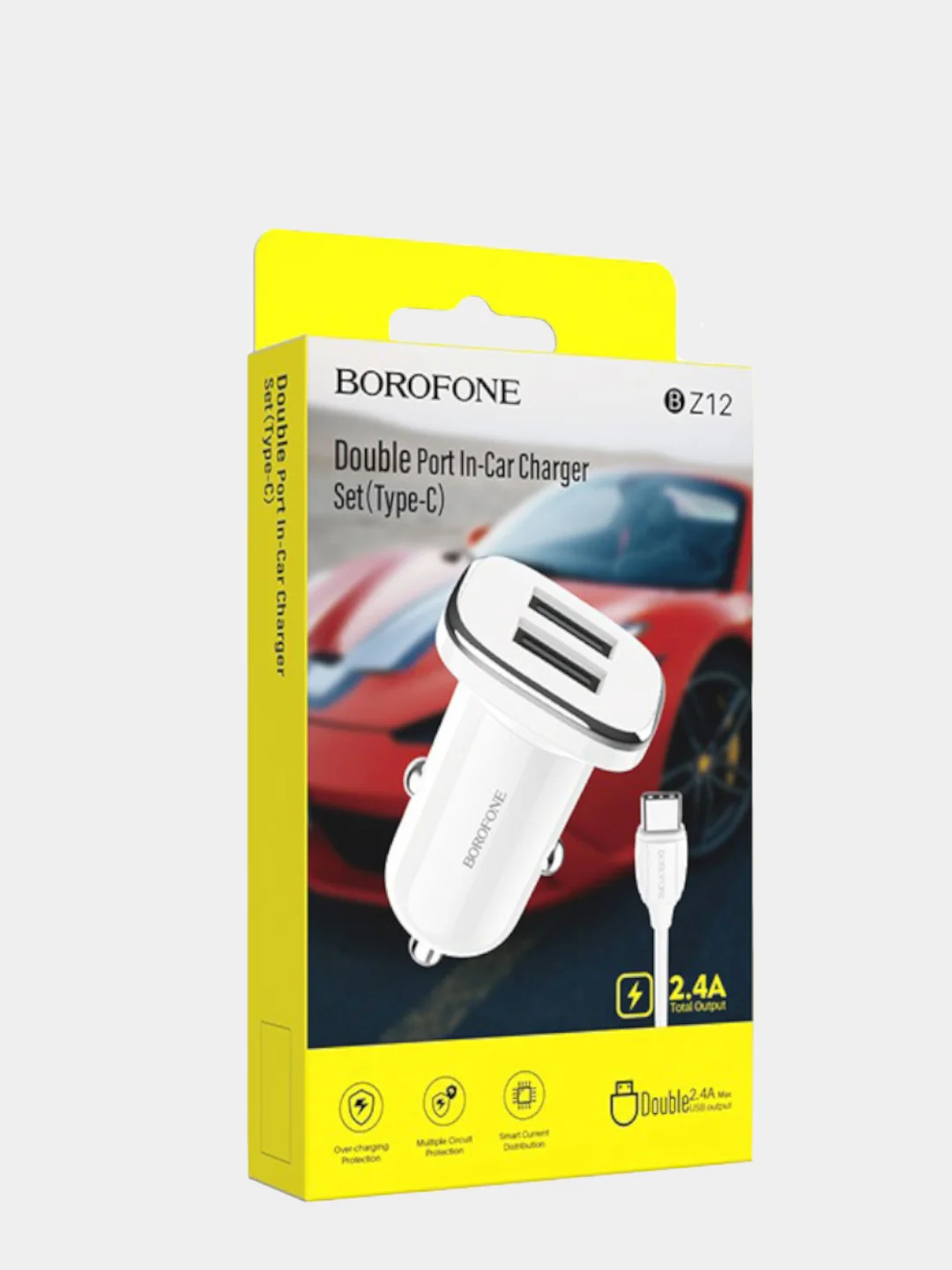 Автомобильное зарядное устройство Borofone BZ12 2.4A с двумя USB с кабелем Type-C