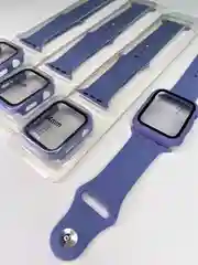 Серый меланж силиконовый ремешок + защитная накладка со стеклом на корпус Apple Watch 44 mm