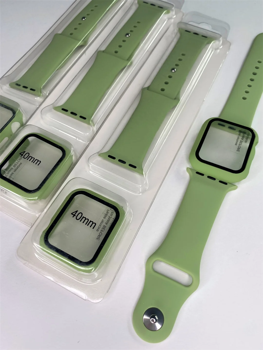 Лайм силиконовый ремешок + защитная накладка со стеклом на корпус Apple Watch 40 mm