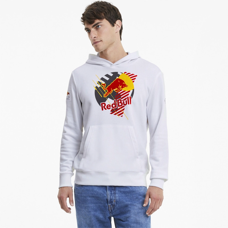 Толстовка мужская с капюшоном, худи Puma белая, принт Red Bull Racing