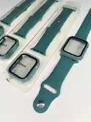 Зеленый силиконовый ремешок + защитная накладка со стеклом на корпус Apple Watch 44 mm