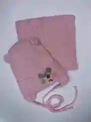 Розовый детская осенняя вязаная шапка со снудом (мышка)