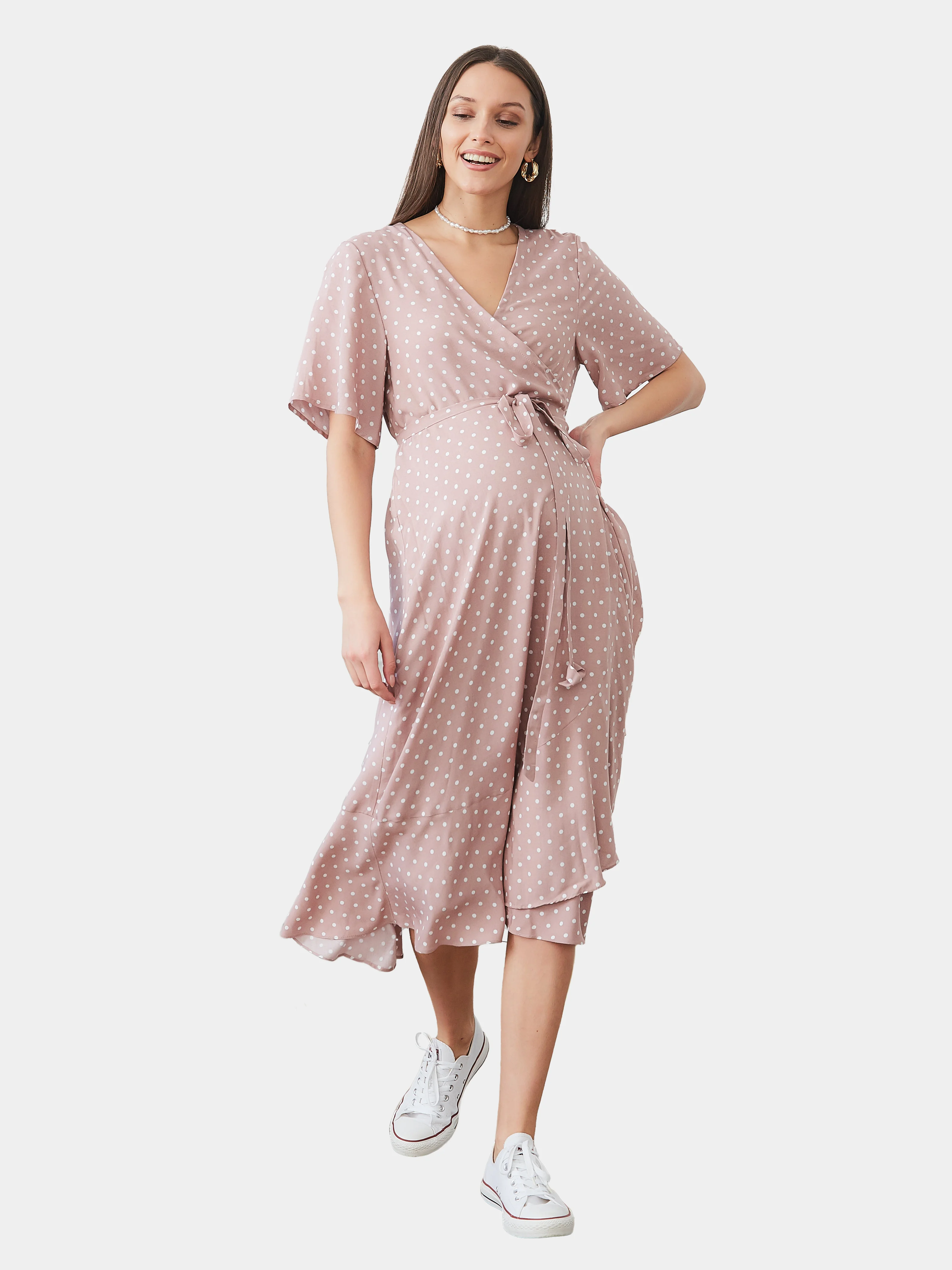 Розовый платье с коротким рукавом для беременных и кормящих принт Polka dot
