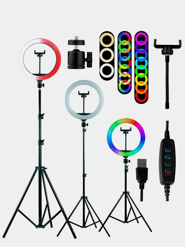Светодиодная кольцевая лампа / цветная RGB селфи 26см/33см/36см/46см/56см, штатив 210 см