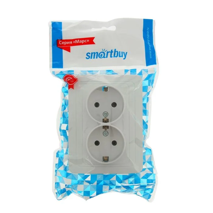 Розетка Smartbuy "Марс", двухместная, 16 А, с заземлением, белая