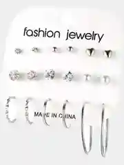 Серебряный набор сережек, серьги гвоздики, серьги кольца, 9 пар