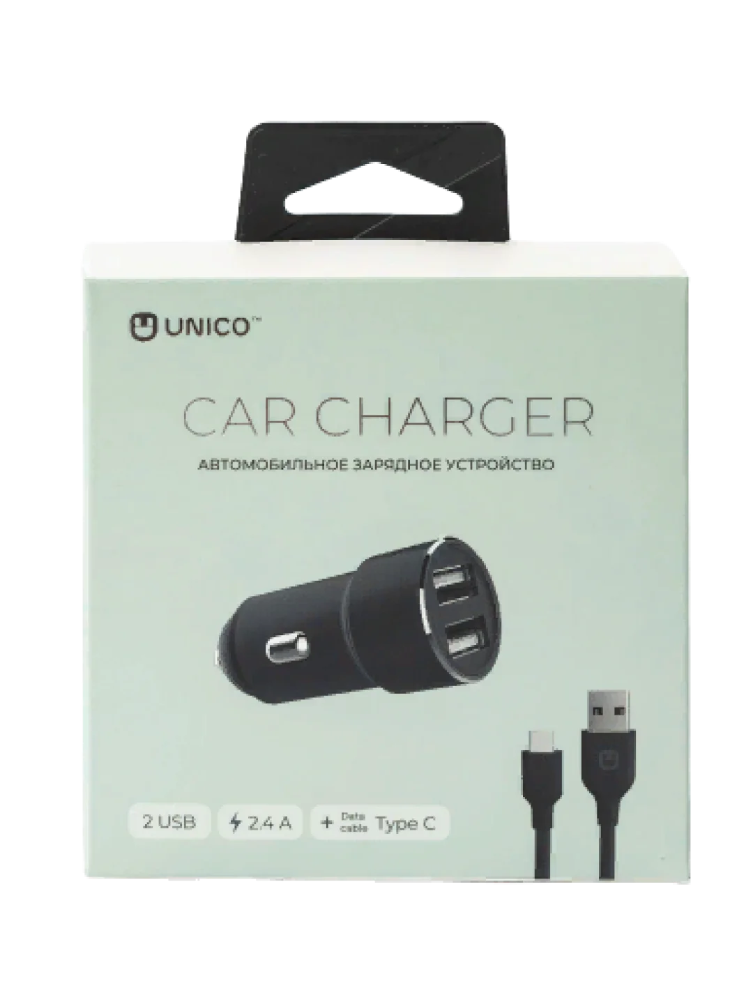 Автомобильное зарядное устройство/АЗУ/с 2 USB 2,4А /с кабелем type-c в комплекте, Unico