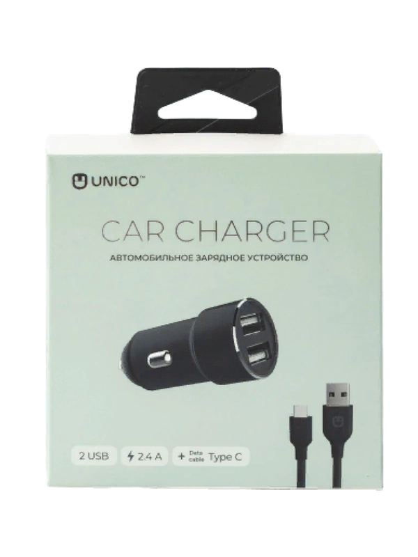 Автомобильное зарядное устройство/АЗУ/с 2 USB 2,4А /с кабелем type-c в комплекте, Unico