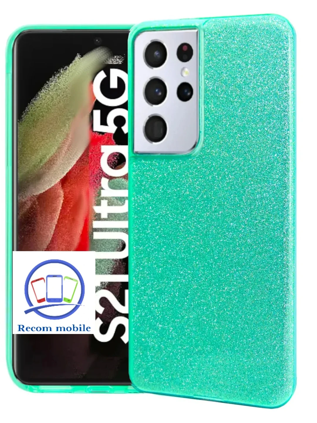 Бирюзовый чехол блестящий Samsung Galaxy S21 Ultra, накладка c блёстками  Самсунг S 21 Ultra