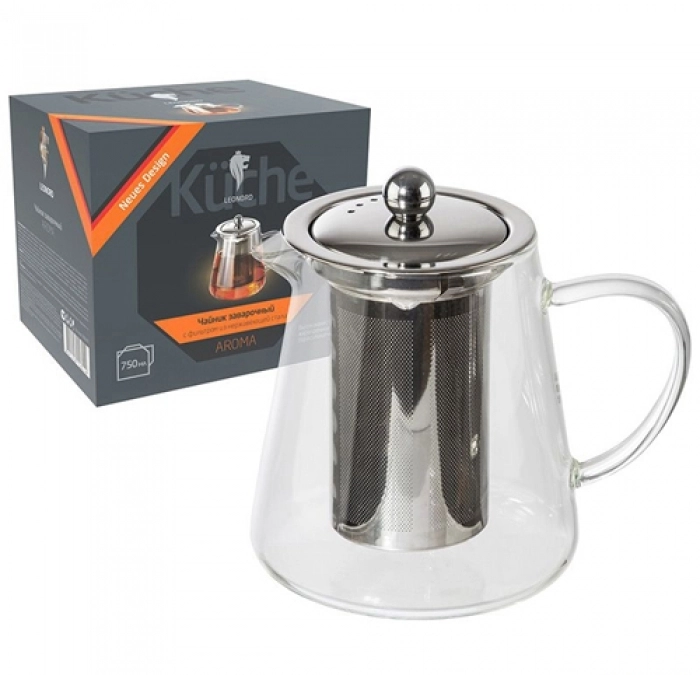 Чайник заварочный AROMA, 750 мл, боросиликатное стекло, нержавеющая сталь