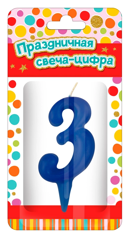 Свеча парафиновая в торт "Тортик", цифра 3, в блистере