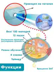 Мобиль каруселька на кроватку животные: таймер, музыка, проектор, на пульте, рег громкости