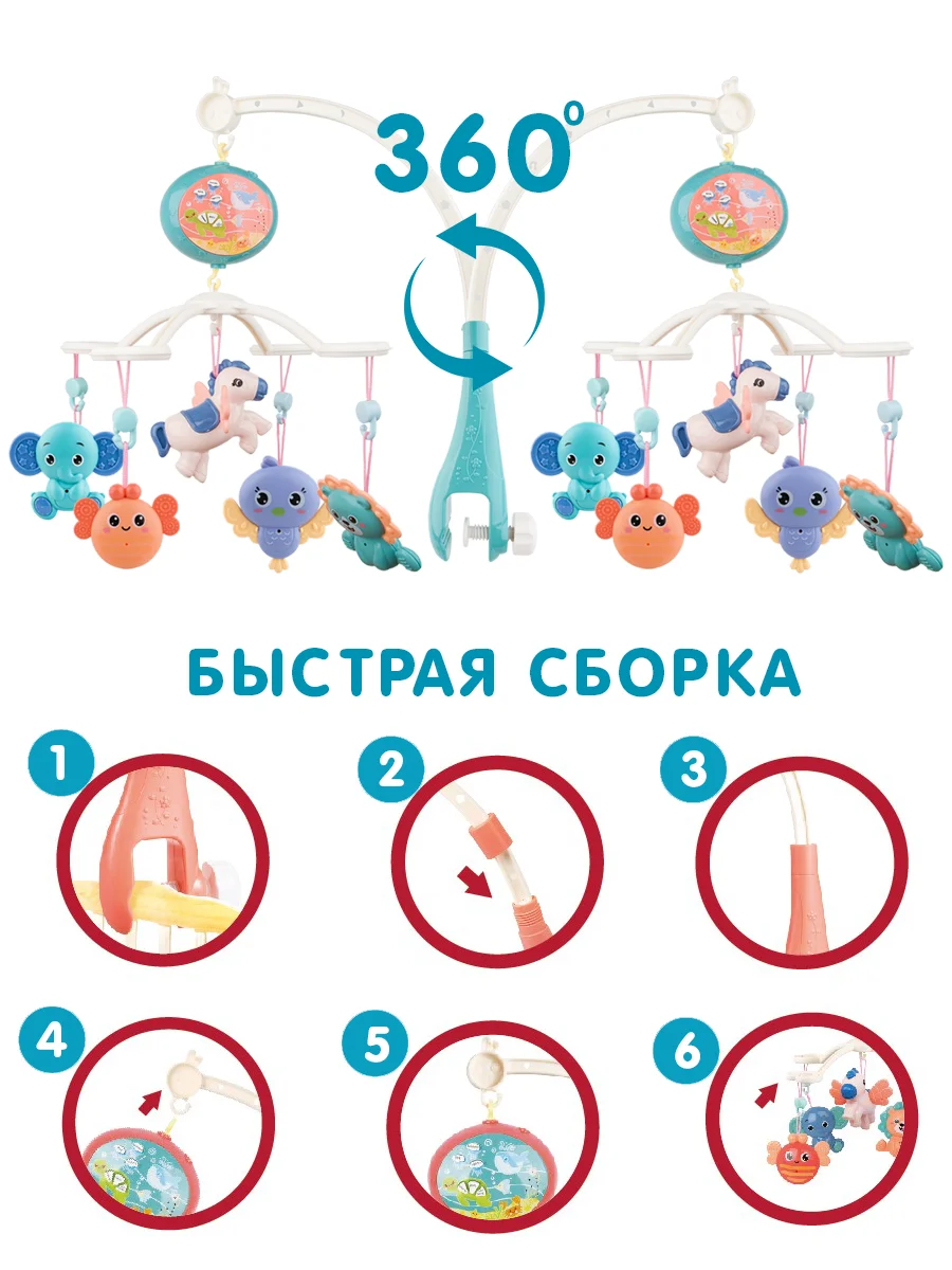 Мобиль каруселька на кроватку животные: таймер, музыка, проектор, на пульте, рег громкости