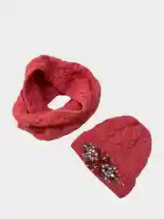 Коралловый комплект шапка с шарфом-восьмеркой в 2 оборота