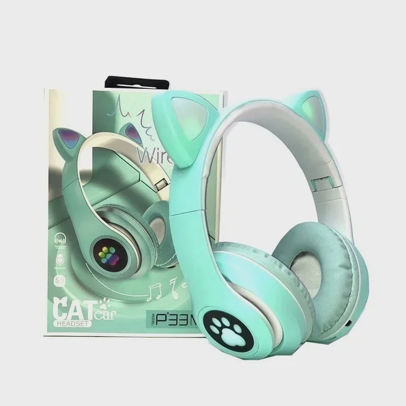 Бирюзовый беспроводные светящиеся наушники с ушками CAT EAR P33M