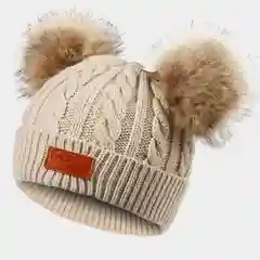 Хаки детская шапка со съемными помпонами из меха енота