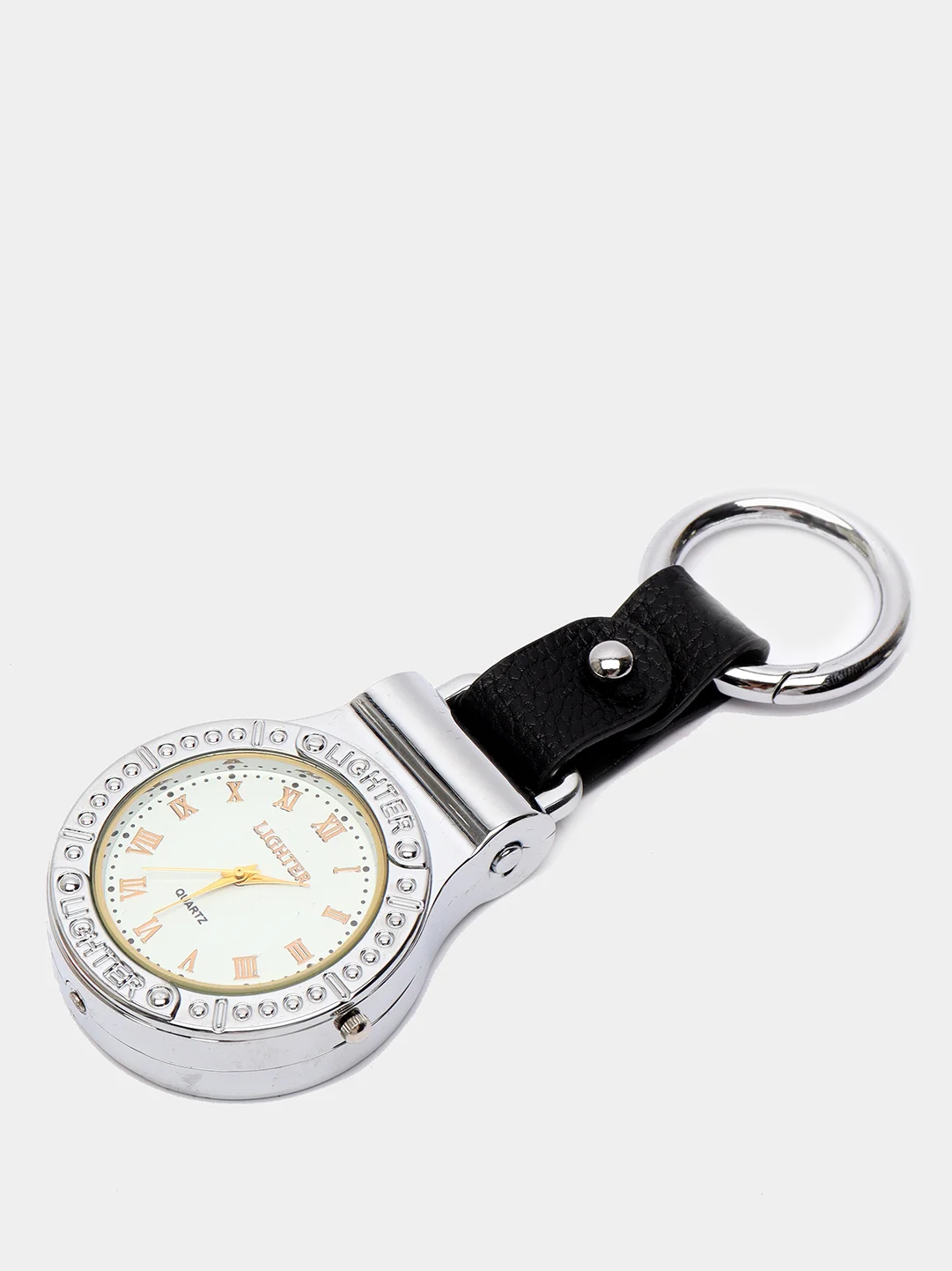 Серебряный брелок часы с зажигалкой и фонариком