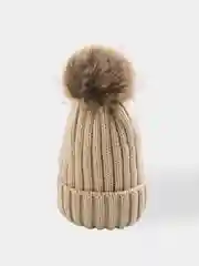 Бежевый шапка бини с меховым помпоном, унисекс
