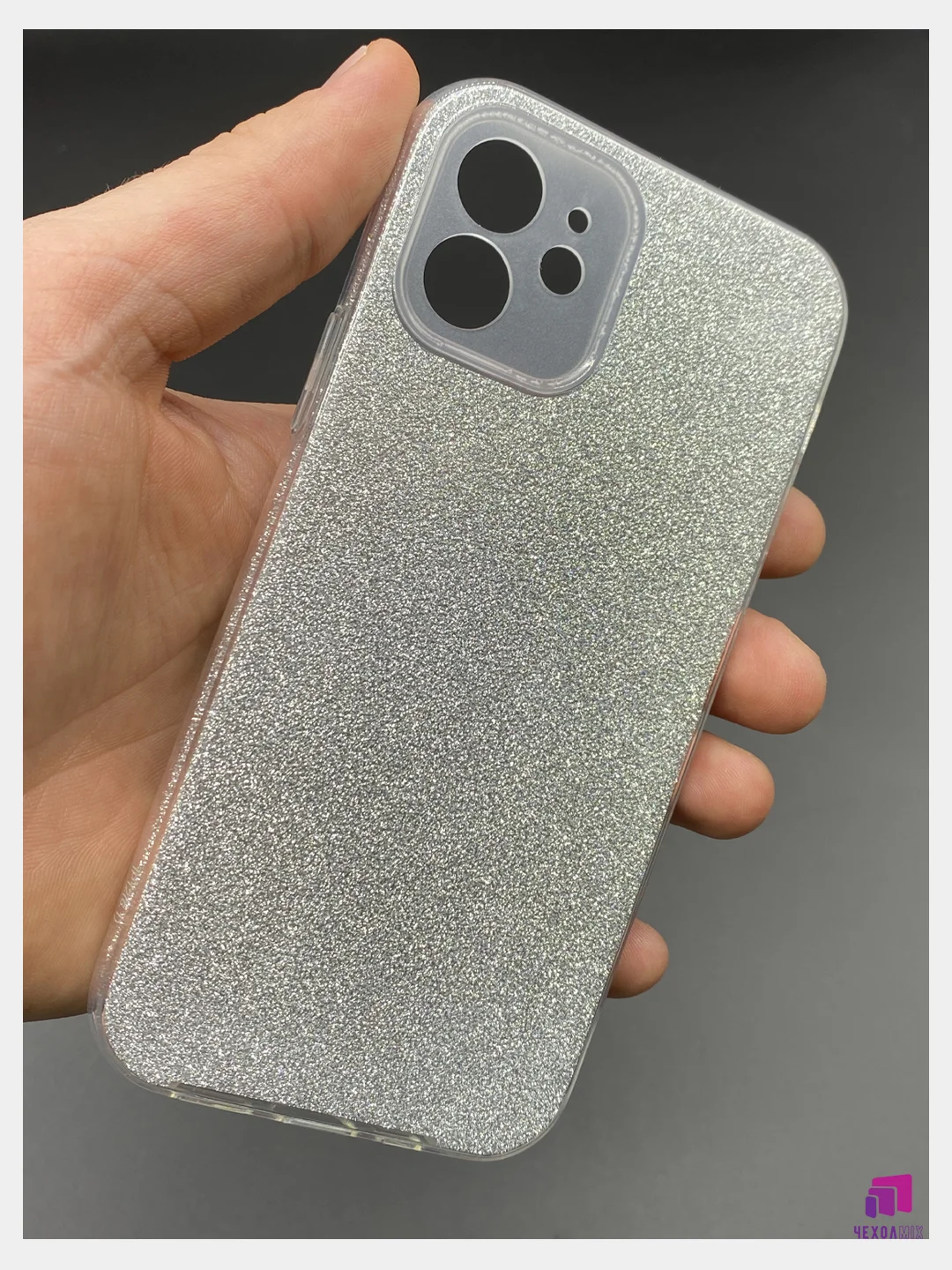 Серебряный чехол силиконовый с блестками для Apple iPhone 12 с защитой для камеры Противоударный