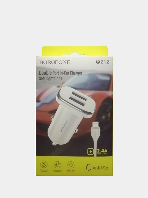 Автомобильное зарядное устройство Borofone BZ12, 2 USB, 2.4A, с кабелем Lightning, белый