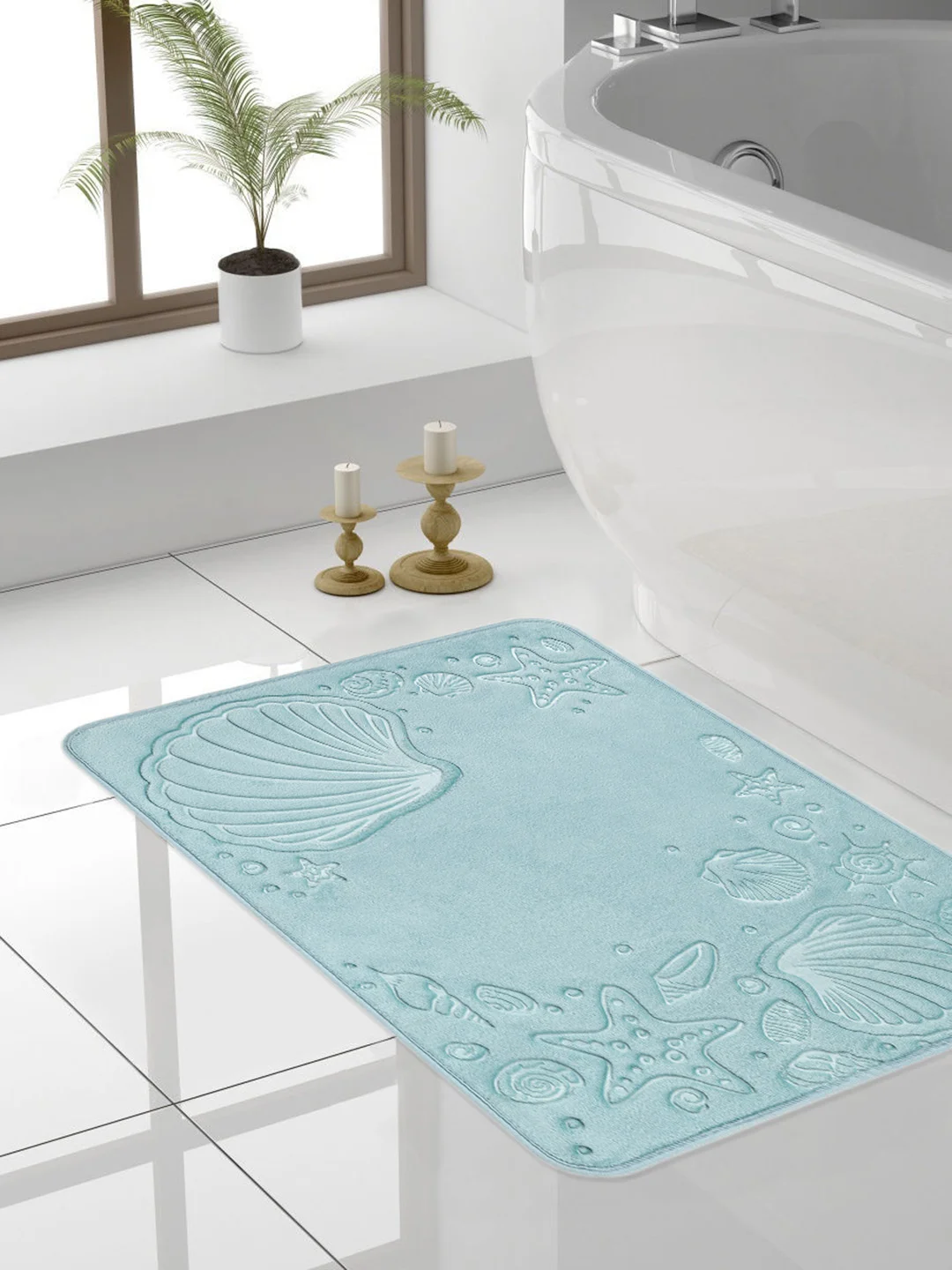 Коврик для ванной DeNASTIA "РАКУШКИ" memory foam 50x70см, голубой