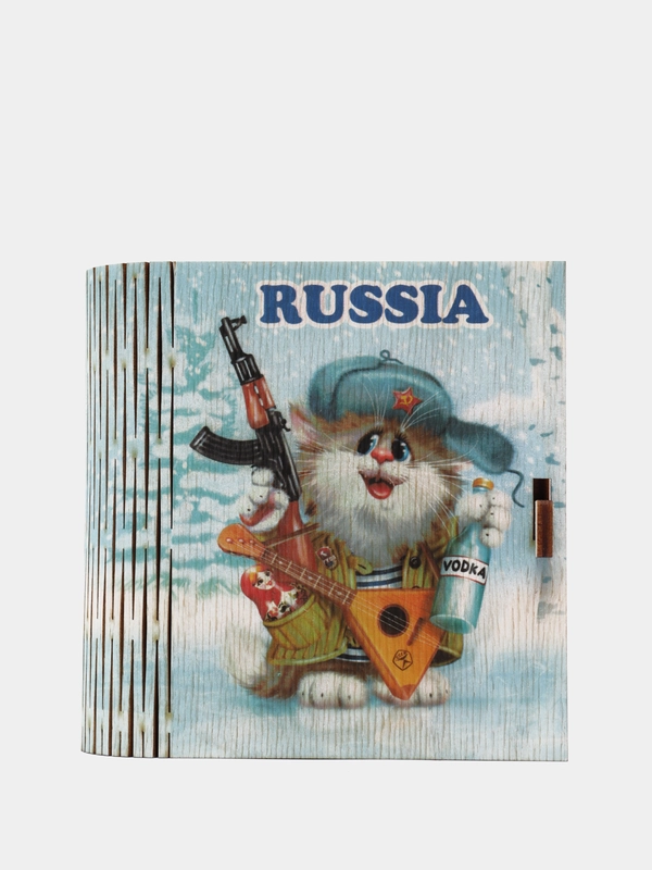 Шкатулка-книжка деревянная "Кот-охотник RUSSIA"