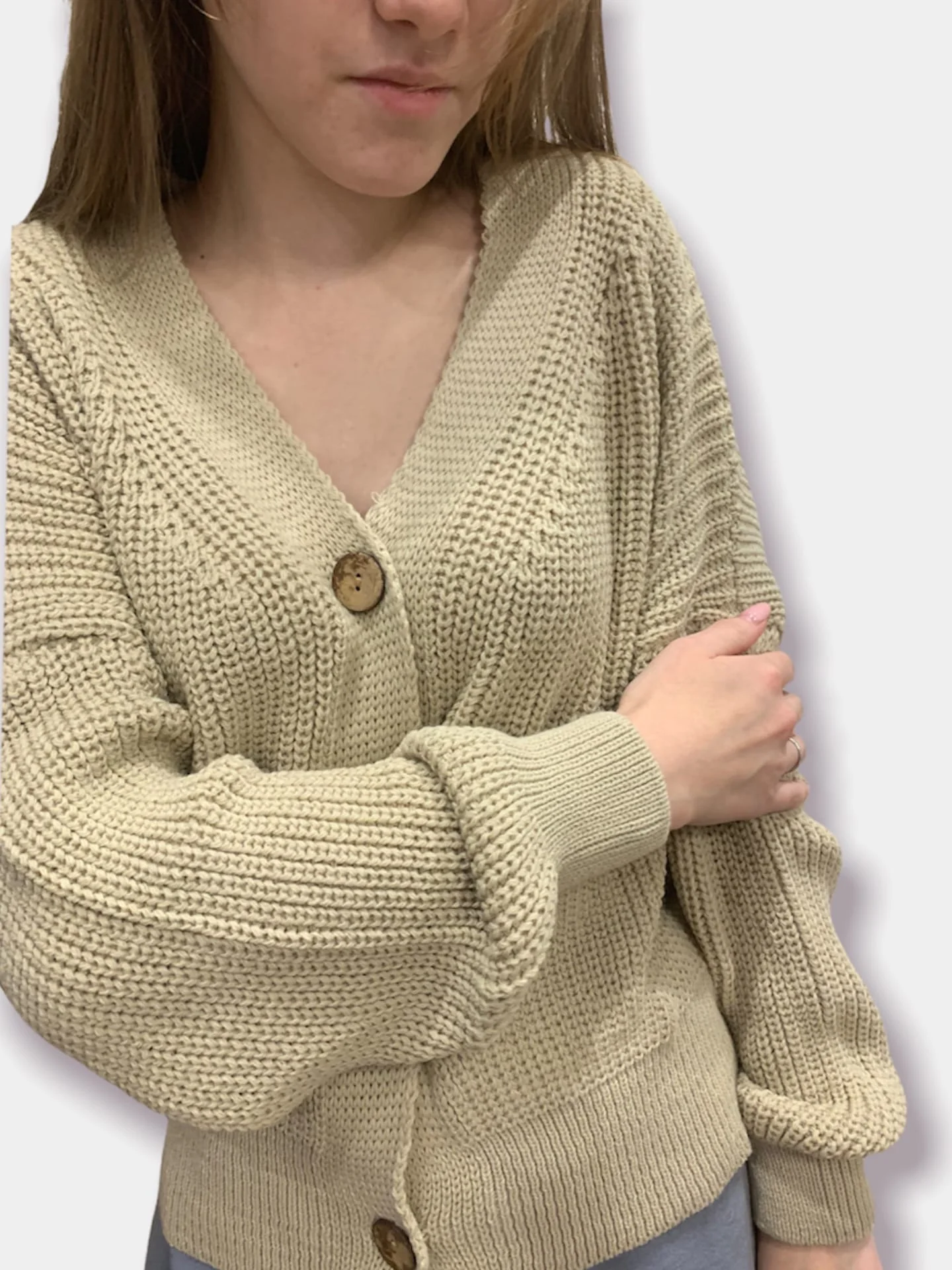 Бежевый кардиган женский, вязаный, короткий, oversize