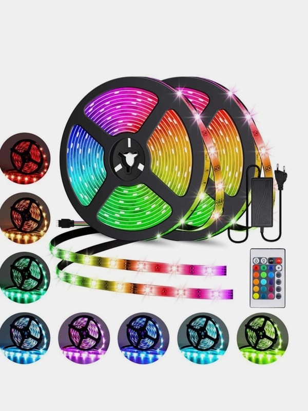 Светодиодная RGB LED лента гирлянда 5 м разноцветная 12 режимов с пультом и блоком питания