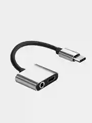 Тёмно-серый адаптер 2in1 Type-c на разъем 3,5 мм и зарядка Type-c