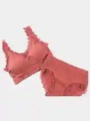 Пастельно-коралловый женский комплект белья, кружевное,  топ трусы