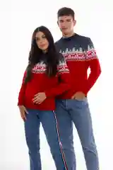 Красный свитер с оленями новогодний. Унисекс. WORLD WOOLLY