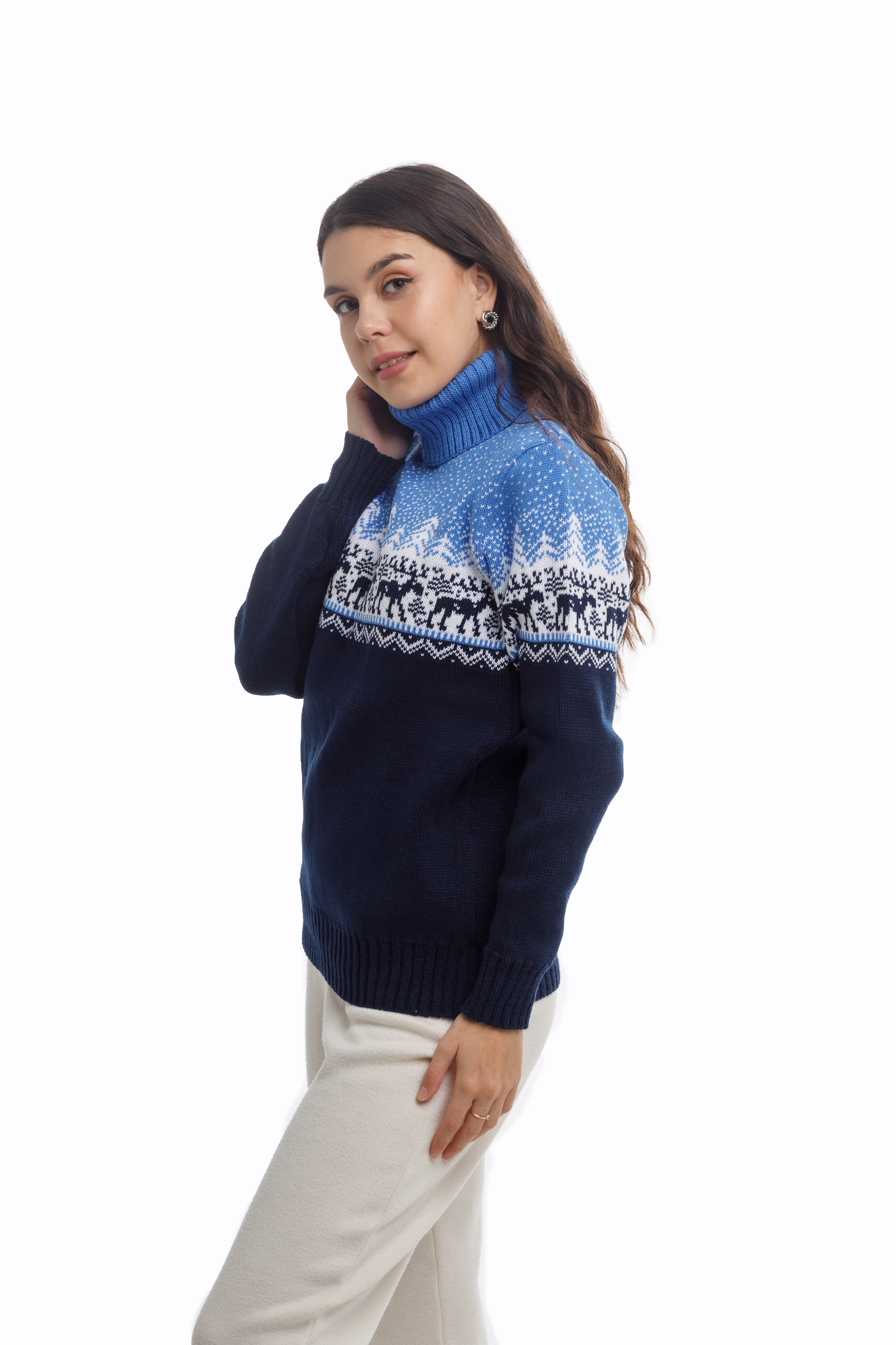 Синий свитер с оленями новогодний. Унисекс. WORLD WOOLLY