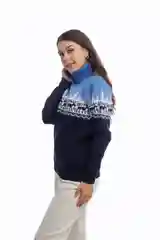 Синий свитер с оленями новогодний. Унисекс. WORLD WOOLLY