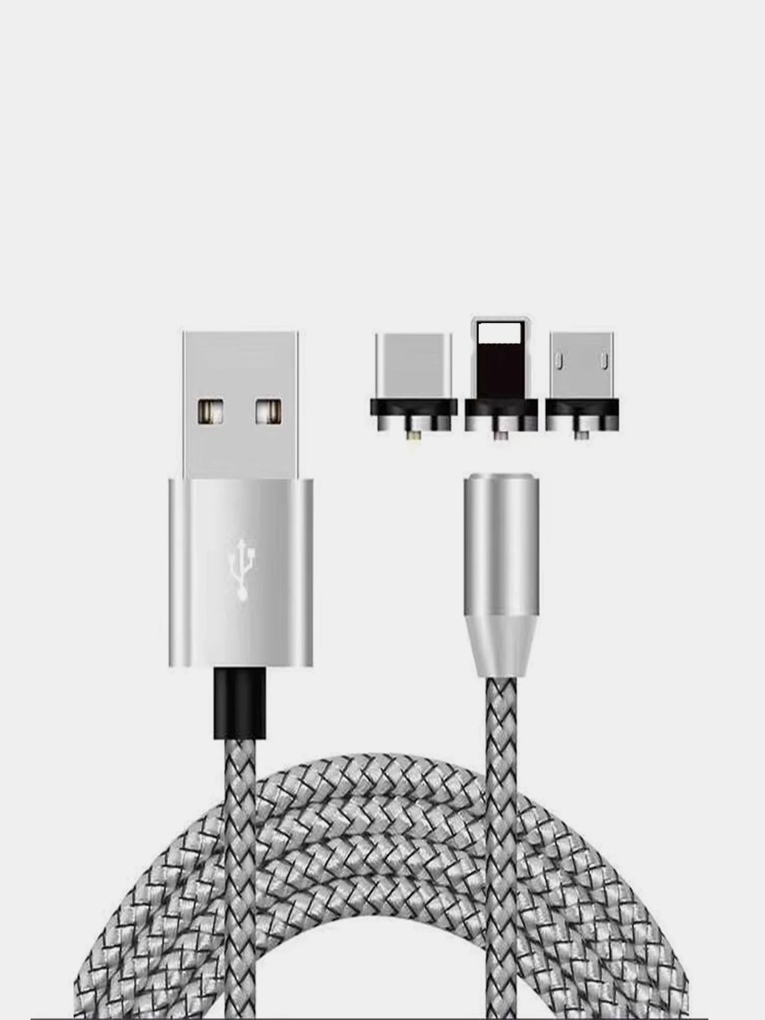 Серебряный usb кабель 2-х метровый магнитный  X-cable 2.1 А+магнитный коннектор(micro, type c, ios)