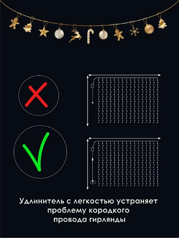 Гирлянда штора новогодняя Холодный белый нить, разноцветная нить, удлинитель гирлянд
